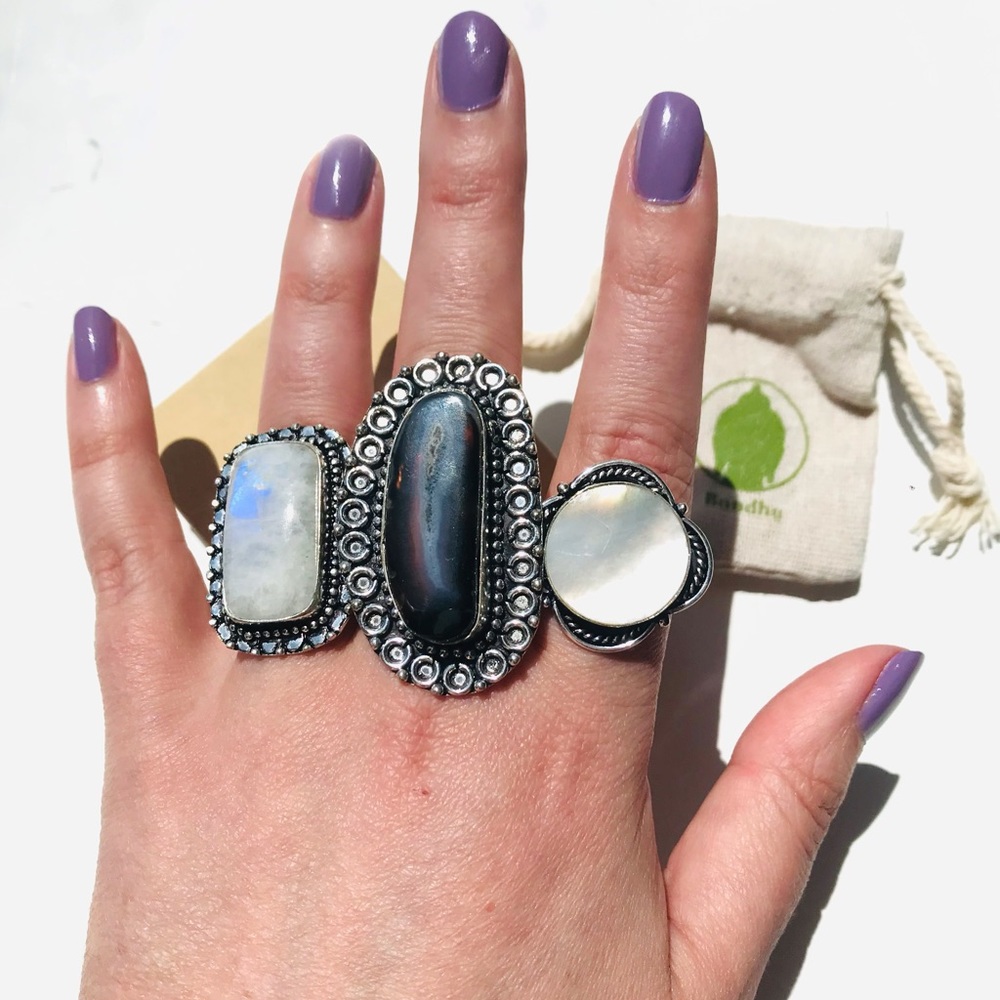 Rainbow Moonstone gem stone crystal rectangular Ring sterling silver 925 Size 7 - Picture 5 of 7